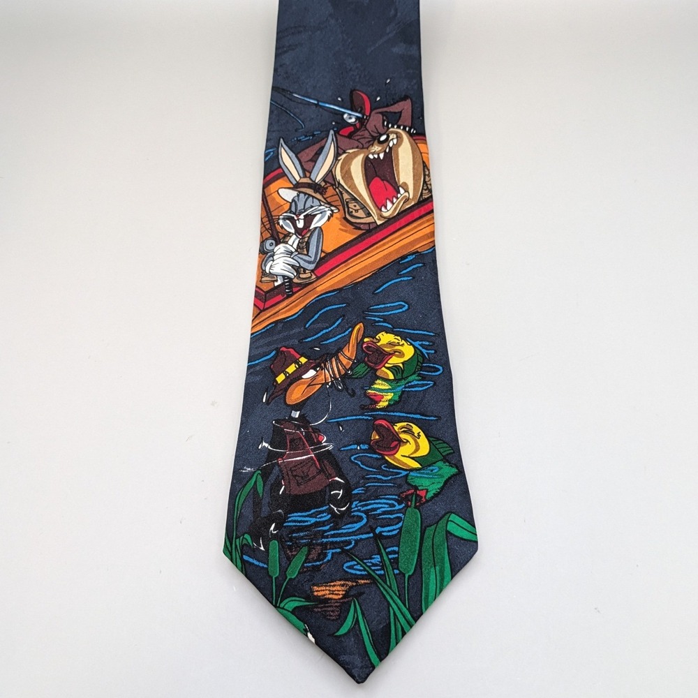 Vintage 1995 Looney Tunes Mania Fishing Tie Bugs Bunny Taz Daffy Duck Navy Blue